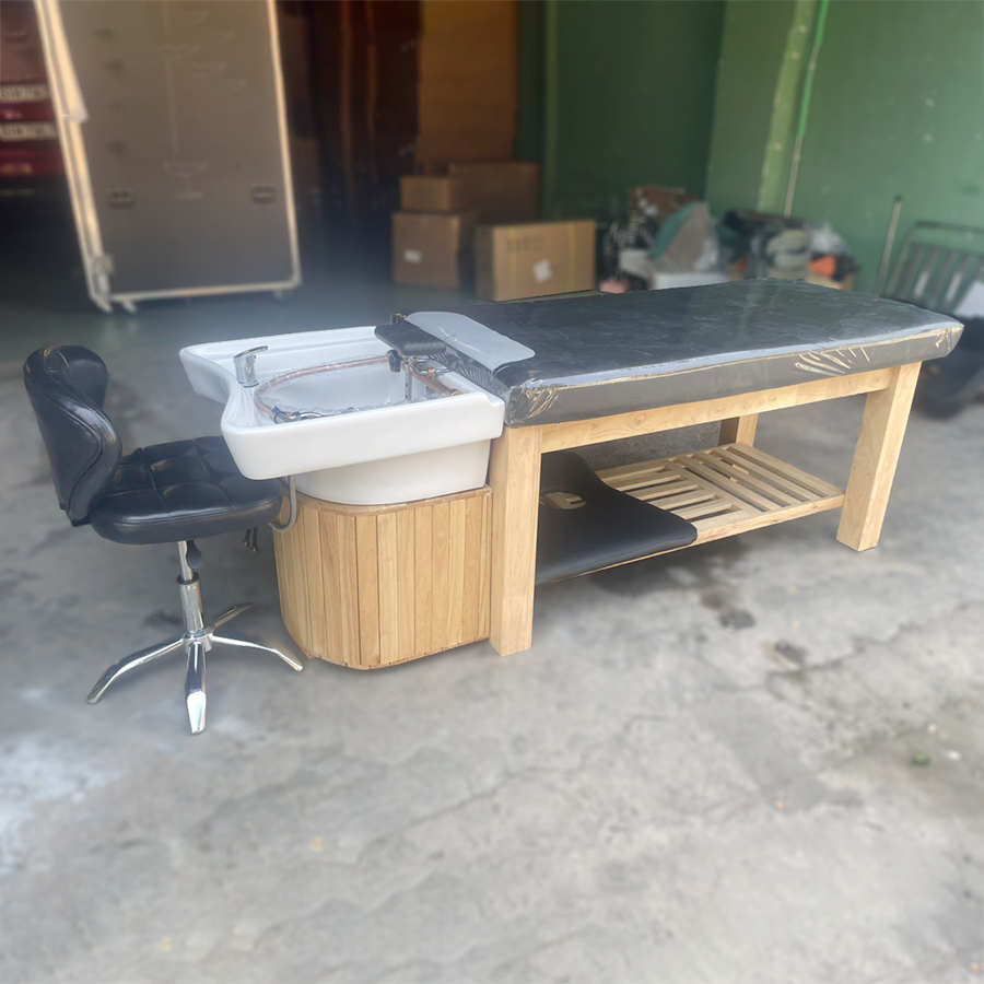 GIƯỜNG GỘI ĐẦU 2 TRONG 1 BỒN SỨ GỖ CAO SU